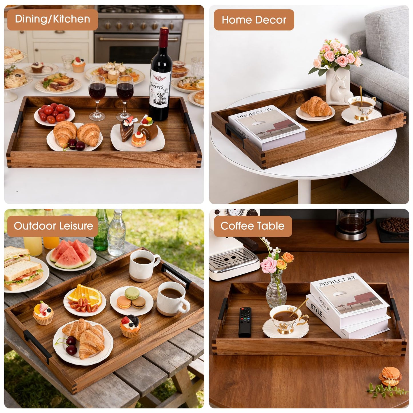 Large Ottoman Tray for Living Room and Coffee Table, Decorative Acacia Wood Serving Tray with Handles for Breakfast in Bed, Dinner Food Kitchen TV (Natural, 61 x 38 x 5 cm)