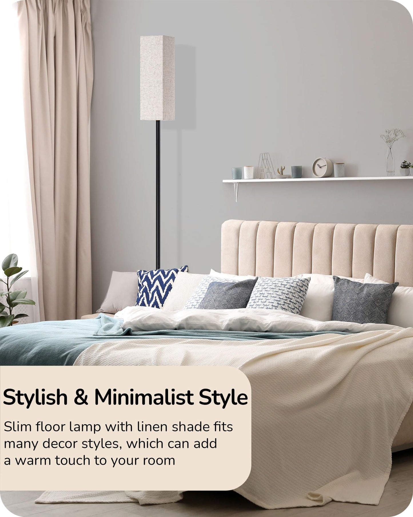 EDISHINE Modern Corner Floor Lamp, 65" Minimalist Pole Lamp with Remote, Dimmable Tall Reading Light for Living Room, Bedroom, Office, 9W LED Bulb Included (Black)