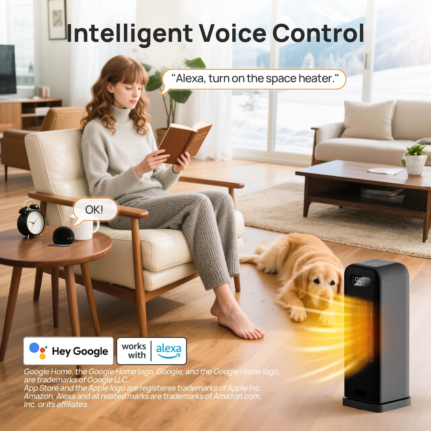 FLANUR Space Heater for Indoor Use, 1500W Portable Electric Heater with Thermostat, WiFi and APP Control, Overheat & Tip-Over Protection, 12H Timer, 4 Modes, 36dB Heater for Office Bedroom Home, Black