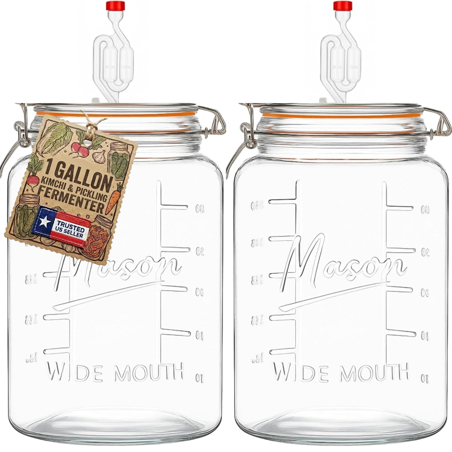 kitchentoolz 2-Pack 1-Gallon Mason Glass Fermenting Jars with Airlock Lids – Wide Mouth with Ounce & Milliliter Markings for Mead, Kombucha, Beer, Wine & Pickling