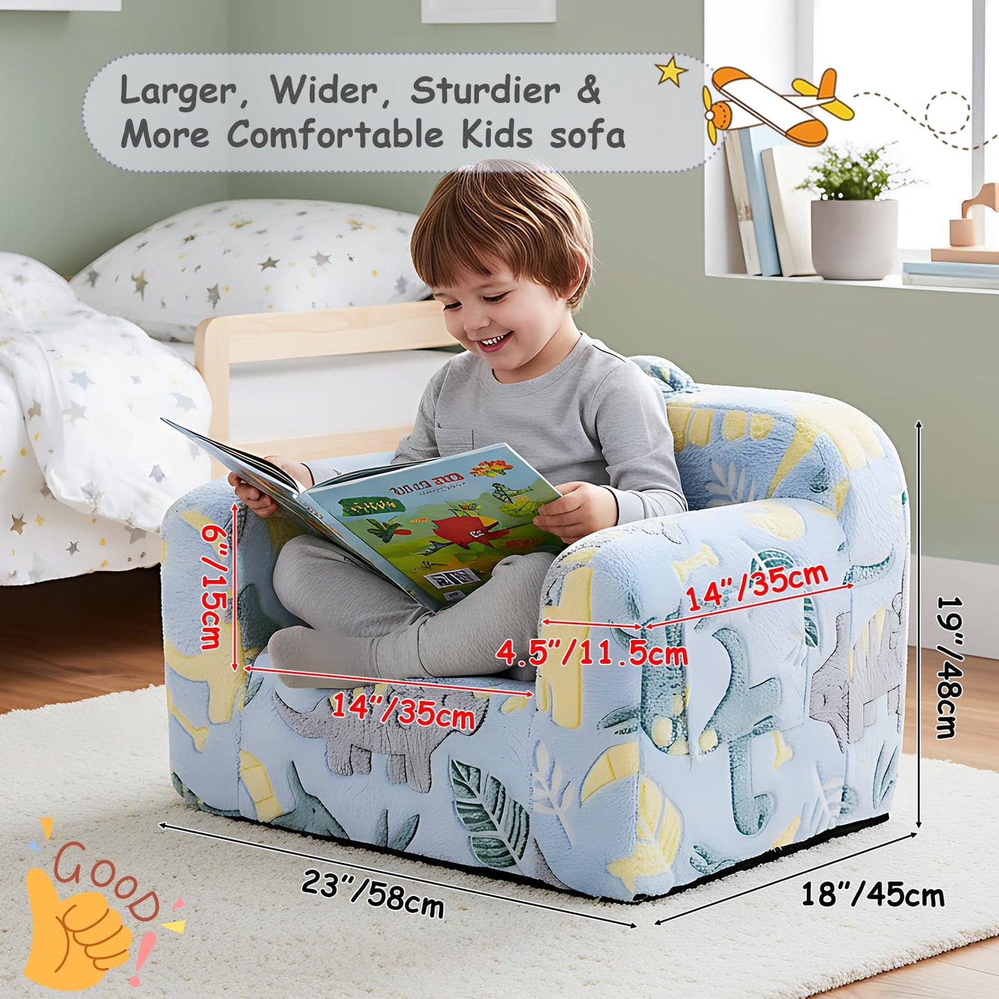 Tiita Kids Sofa, Chirldren Couch with Carrying Handle & Side Pockets, Kids Foam Chair, Toddler Armrest Chair, Kids Reading Couch for Girl Or Boy, Grey Dinosaur