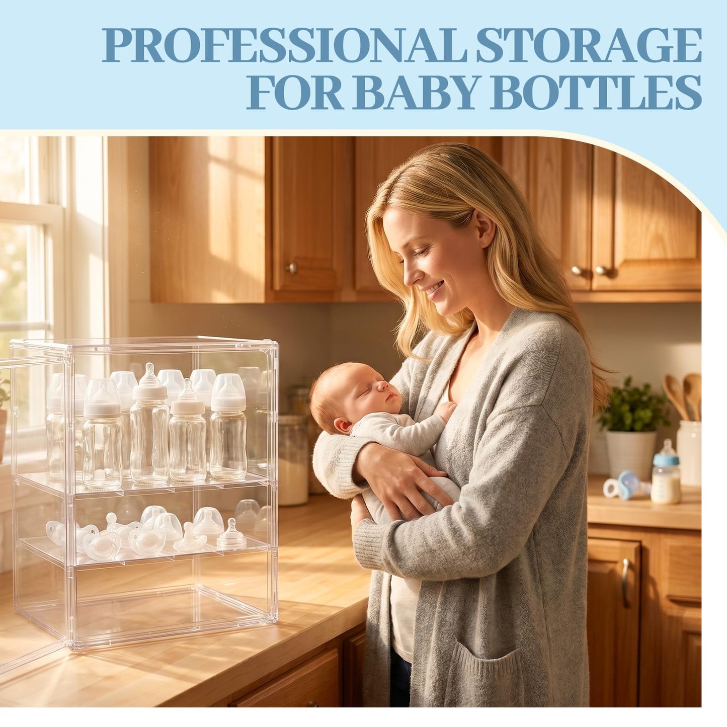 Zebrater Baby Bottle Organizer, 3 Tier Bottle Storage Organizer Baby, Adjustable Clear Acrylic Bottles Storage Station with Magnetic Door and Hook for Pacifiers Pump Parts, Makeup & Bathroom Organizer
