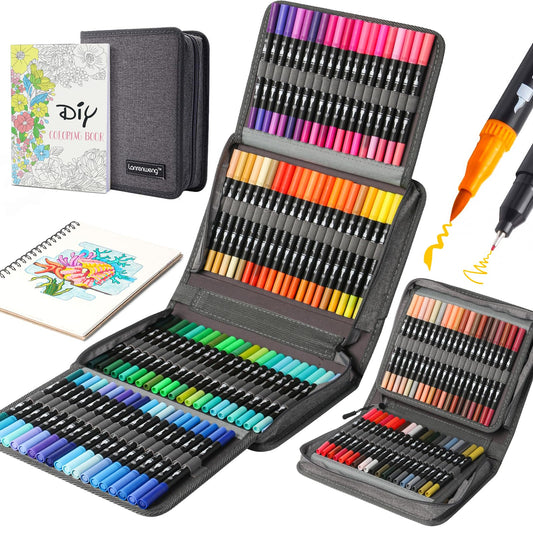 120 Colors Duo Tip Pens Fineliners Art Markers, Watercolor Brush Marker and Highlighters with Canvas Bag for Adult Coloring Books Drawing Sketching Bullet Journal Calligraphy