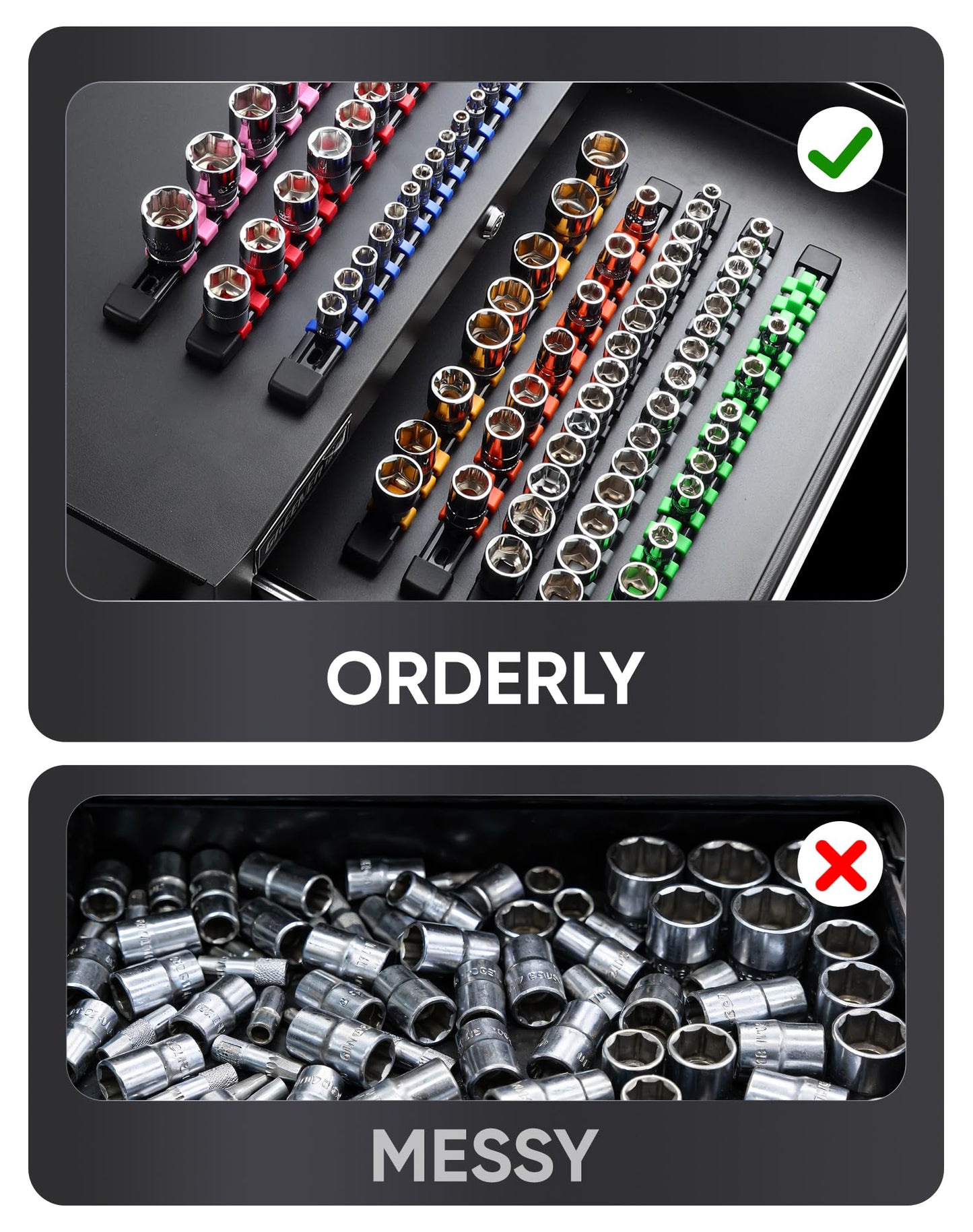 ALOANES 9 PC ABS Socket Organizer,1/2 inch, 3/8 inch, and 1/4 inch Drive Socket Rail Holders, Heavy Duty Socket Racks, Black Rails with Red&Blue&Black Clips x 129 Clips