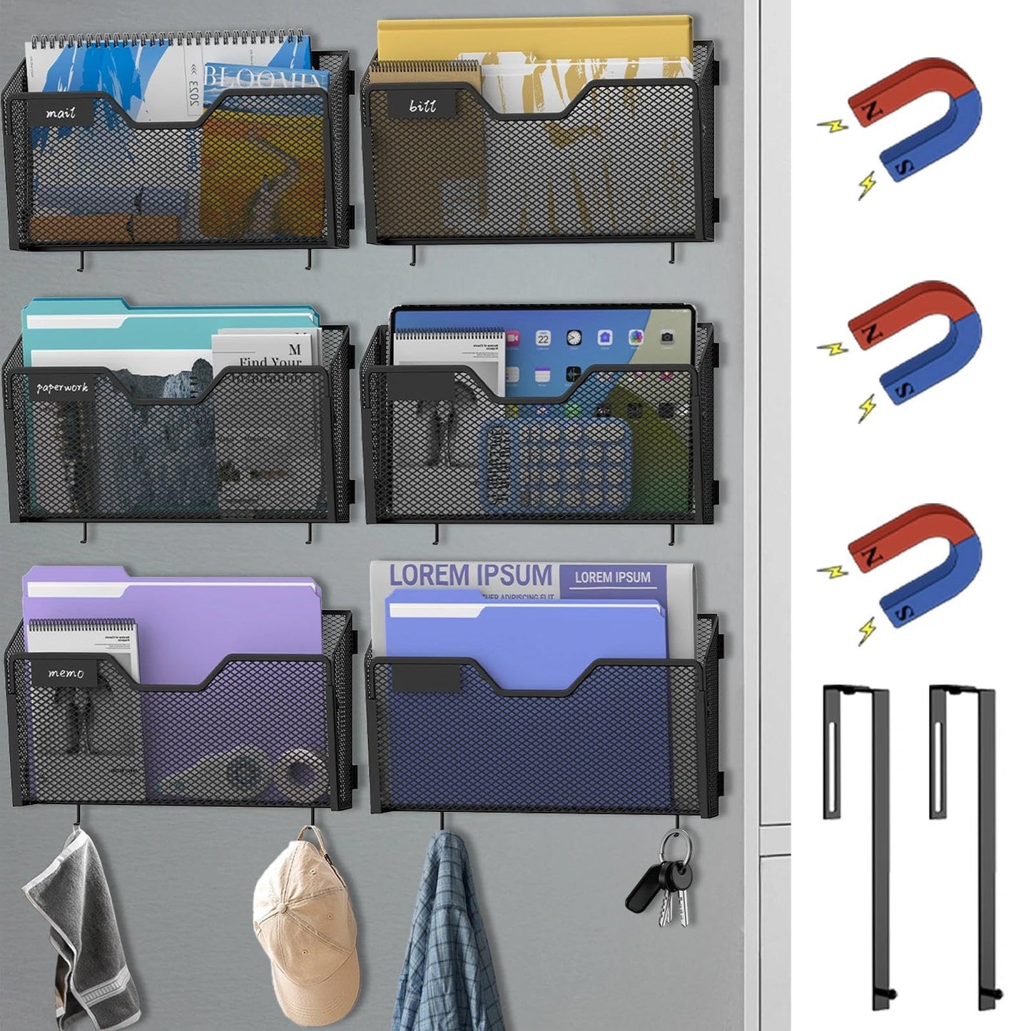 Reeplan 6 Pack Magnetic File Holder Wall File Organizer with Label Panel and 2 Hooks Magnetic Paper Mail Holder for File Office, Cabinets and Whiteboard, Black