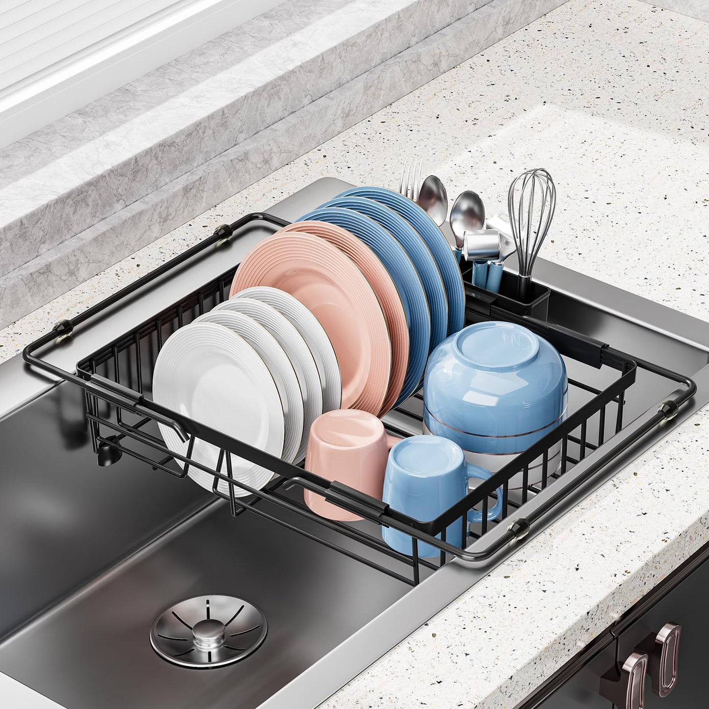 Expandable in Sink Dish Drying Rack - Adjustable Capacity Over The Sink Dish Drainer Drying Rack with Utensil Holder for Kitchen Counter, Drying Rack for Small Space,14.37“-21.06”L x 11.81“W x 3.74”D