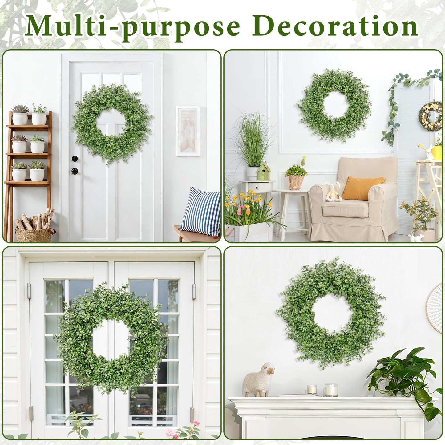 Dremisland Boxwood Wreaths for Front Door, 22 Inch Spring Wreath with Green Eucalyptus Boxwood Leaves Greenery Wreaths for Farmhouse Wall Hanging Window Indoor Outdoor Spring Summer All Seasons
