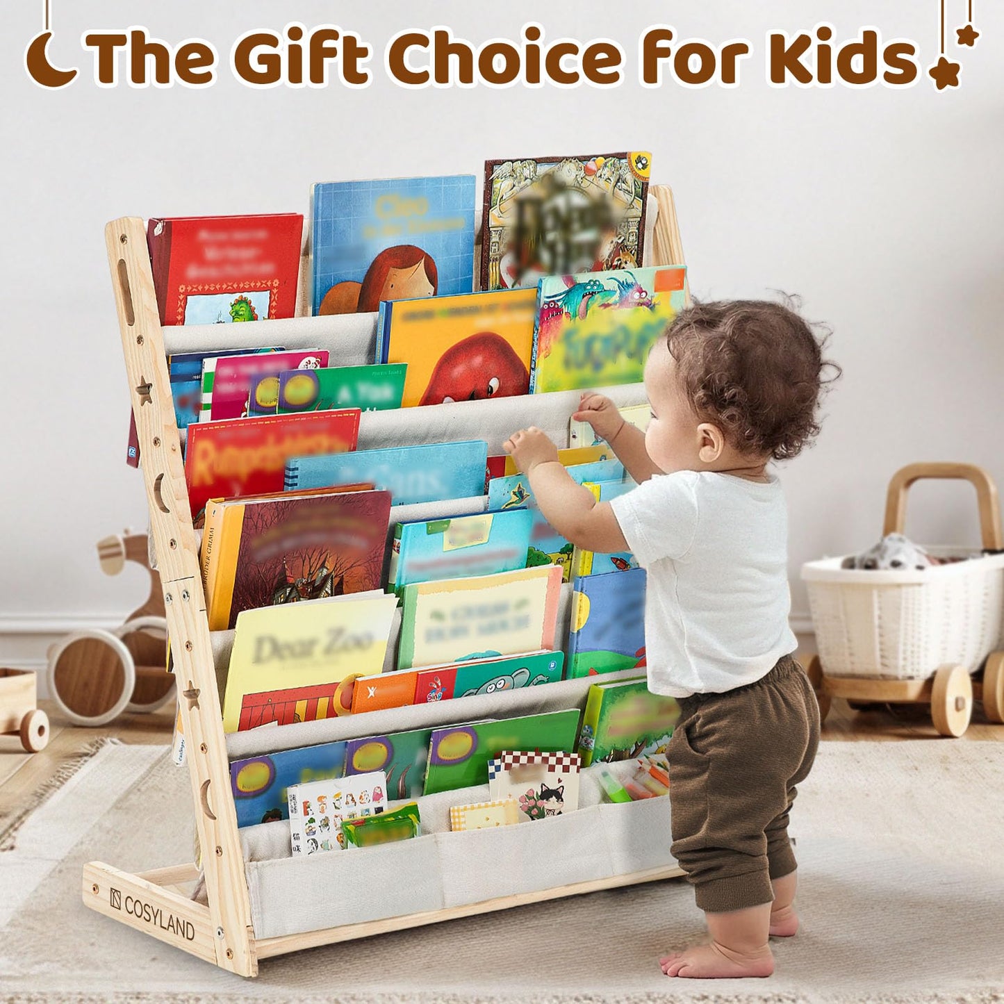 COSYLAND 6-Tier Kids Bookshelf - Toddler Book Display Shelves for Classrooms, Playrooms and Nursery - Wooden Book Shelf for Kids Rooms (Natural, 75 Cm Wide)