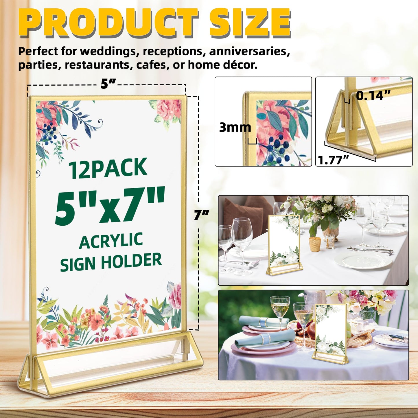 TonGass 5"x7" Clear Acrylic Table Number Holders with 3mm Gold Border (12-Pack), Double-Sided Clear Sign Holders for Weddings, Events, Menu or Photo Display, Vertical Stand Acrylic Picture Frame