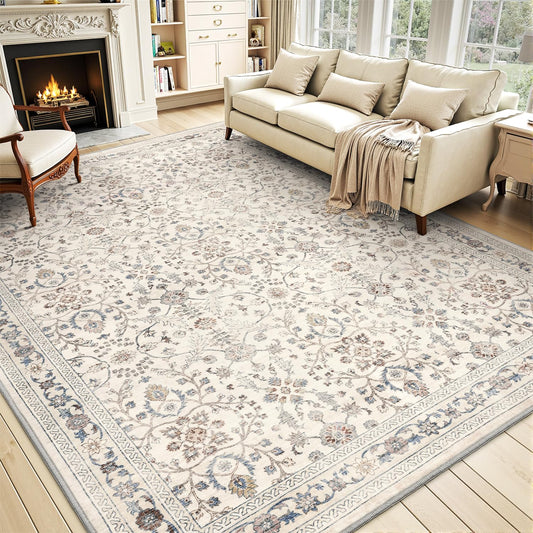MontVoo-Soft Area Rug 5X7 Beige Rugs for Living Room-Vintage Distressed Printed Living Room Rug-Non Slip Carpet Bedroom Decor-Machine Washable Rugs for Bedrooms Dining Room Home Decor