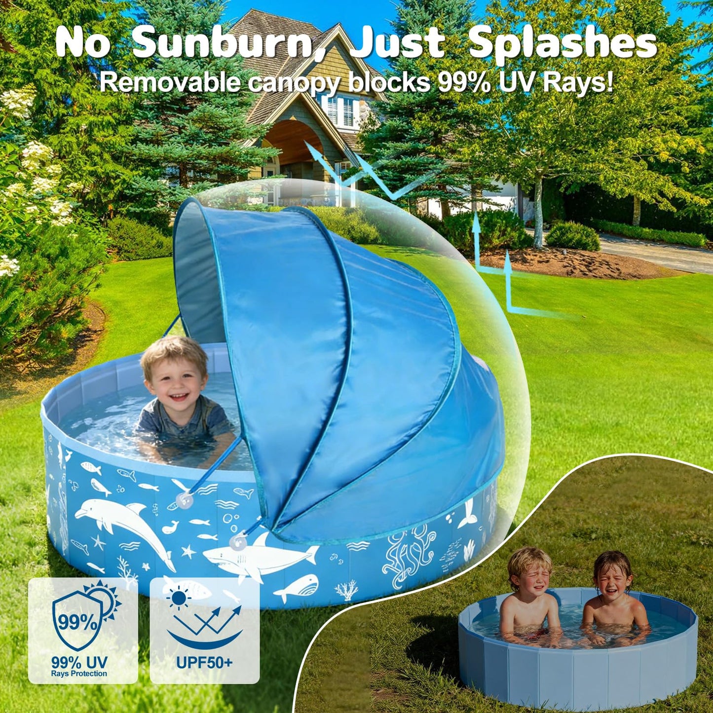 55” Extra Large Kiddie Pool with Canopy, EPN UPF 50+ Sun Shade Baby Pool, No Inflation Foldable Toddler Pool for Backyard Outdoor & Beach, Portable Thickened PVC BPA-Free Kids Water Play Pool, Blue
