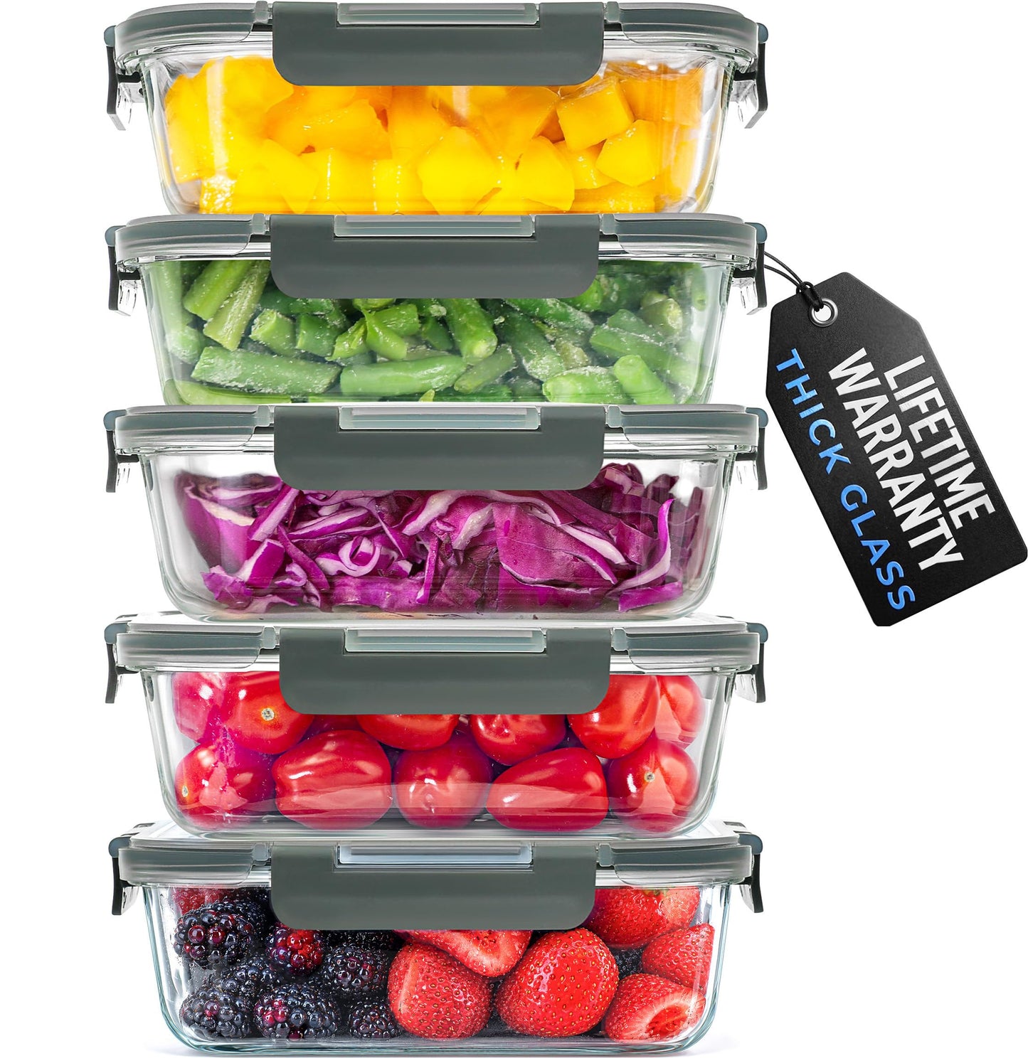 Zulay Kitchen 5 Pack Glass Food Storage Containers with Lids - 36 oz Thick & Durable Glass Meal Prep Containers - Airtight Storage Containers with Lids - Leak-Proof Reusable Meal Prep Containers