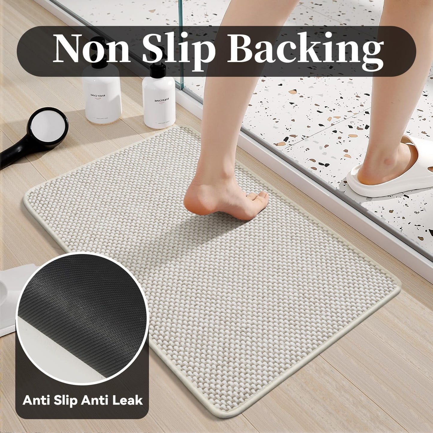 MontVoo Chenille Bath Mat Super Absorbent Bathroom Mat Non Slip Bath Mats for Bathroom Tightly Woven Machine Washable Bathroom Rug Low Pile Fit Under Door,Front of Shower,Bathtub Beigewhite 24"x36"