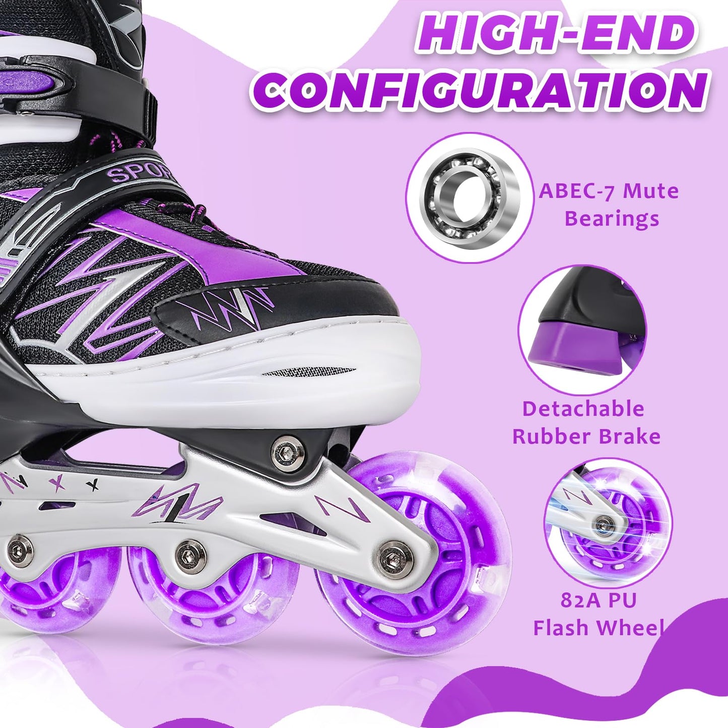 Adjustable Kids Inline Skates for Girls Boys Children Beginners, Black & Purple Inline Skates with Light Up Wheels for Kids and Youth for Sports (Medium)