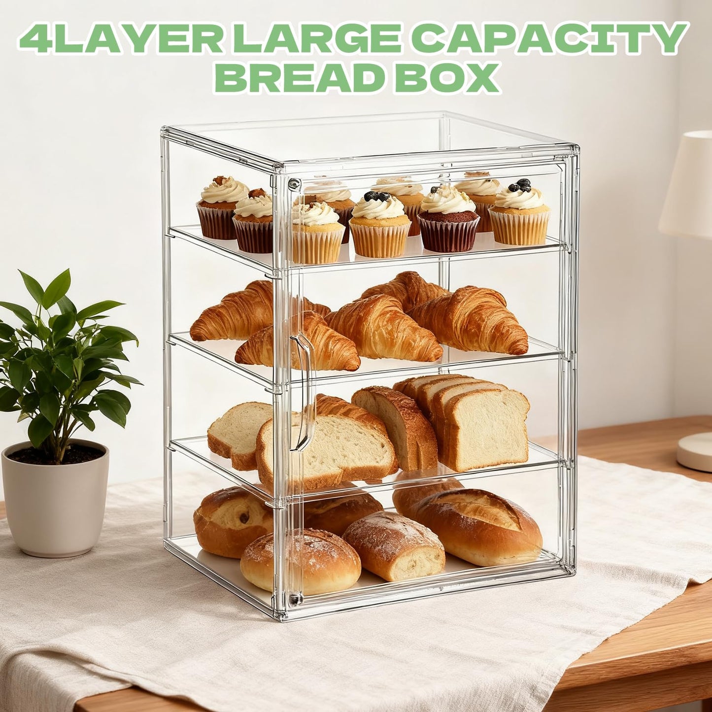 2 Pack 4 Layers Adjustable Clear Bread Storage Box for Kitchen Countertop,Large Bread Storage Container, Bread Box for Kitchen, Bread Storage Container with Clear Windows for Bread, Bagel, Muffins