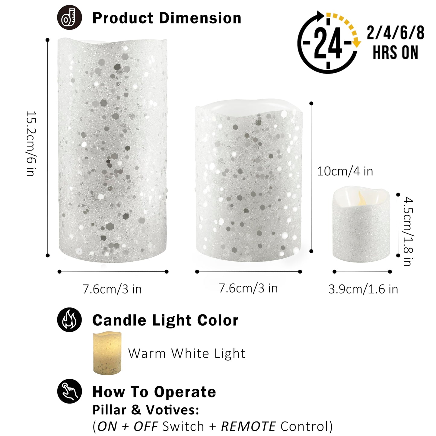 FURORA LIGHTING White Glitter Real Wax Flameless LED Candles with Remote & Timer (2/4/6/8 H), Battery Operated for Safety and Elegance, Pack of 8