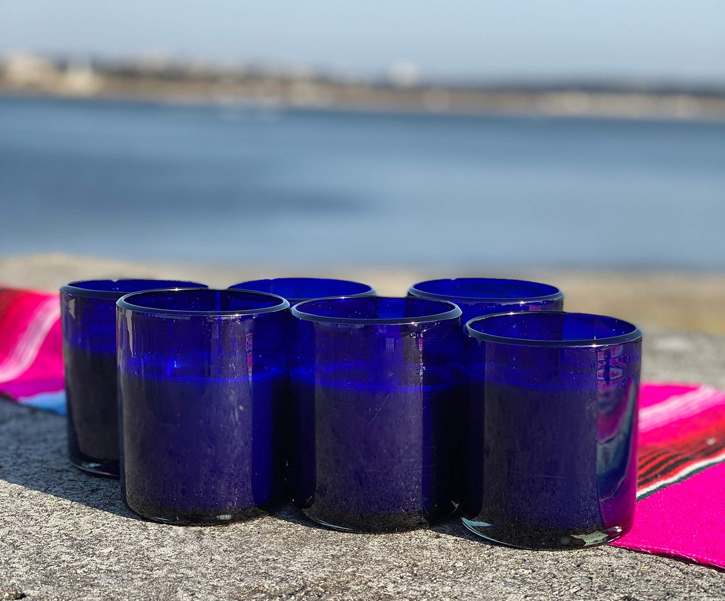 Dos Sueños Hand Blown Mexican Drinking Glasses â€“ Set of 6 Cobalt Tumbler Glasses (10 oz Each)