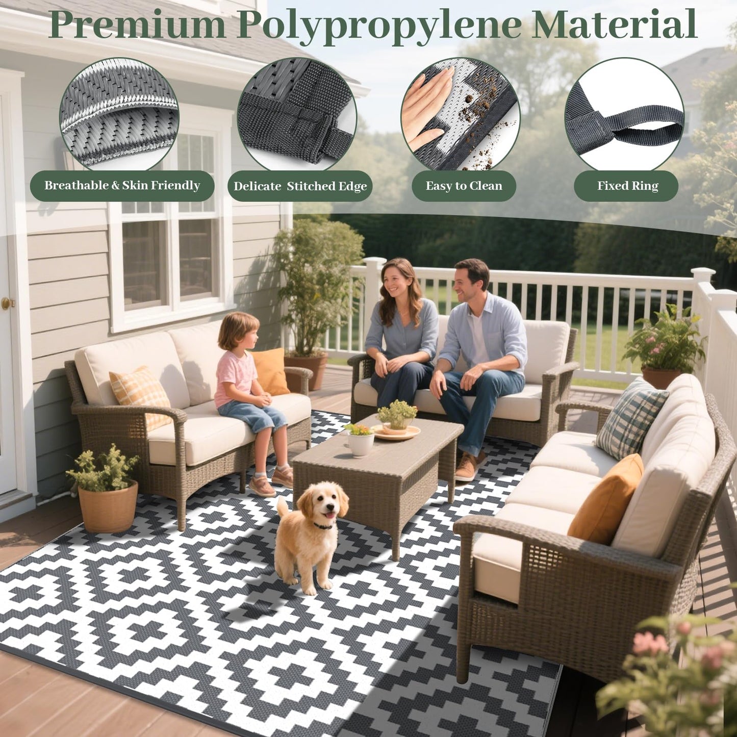 Mokani Reversible Large Outdoor Rug 8x10ft Waterproof, Geometric Anti-Slip Plastic Straw Outdoor Carpet Mat, UV Resistant Patio Rugs for Garden, RV, Deck, Camping, Picnic