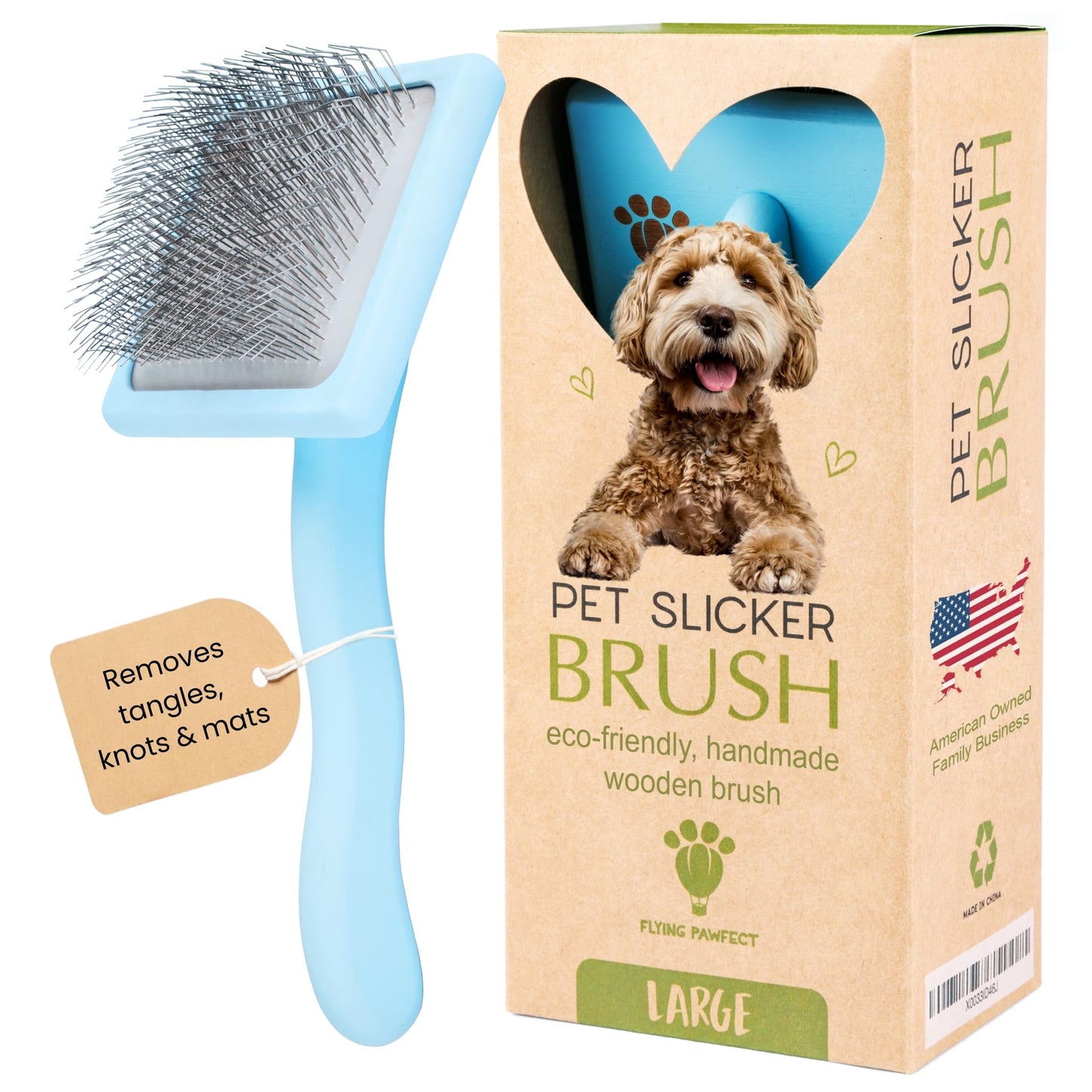 Flying Pawfect Dog Slicker Brush for Grooming Pet Hair - Best For Poodle & Golden Doodle - Long Haired Brush For Dogs - Goldendoodle Long Pins Tool For Dematting- Ideal Gift for Pet Groomers