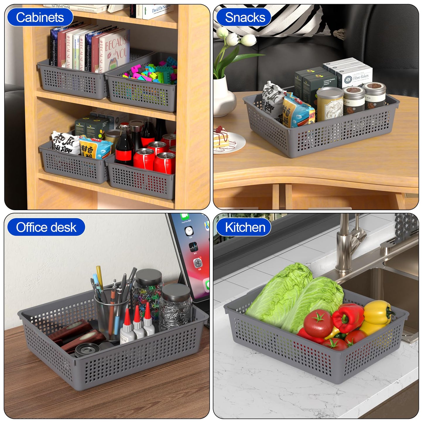 Nicesh A4 Size Plastic Basket, Desktop File Storage Organization Tray, Set of 6 (Grey)