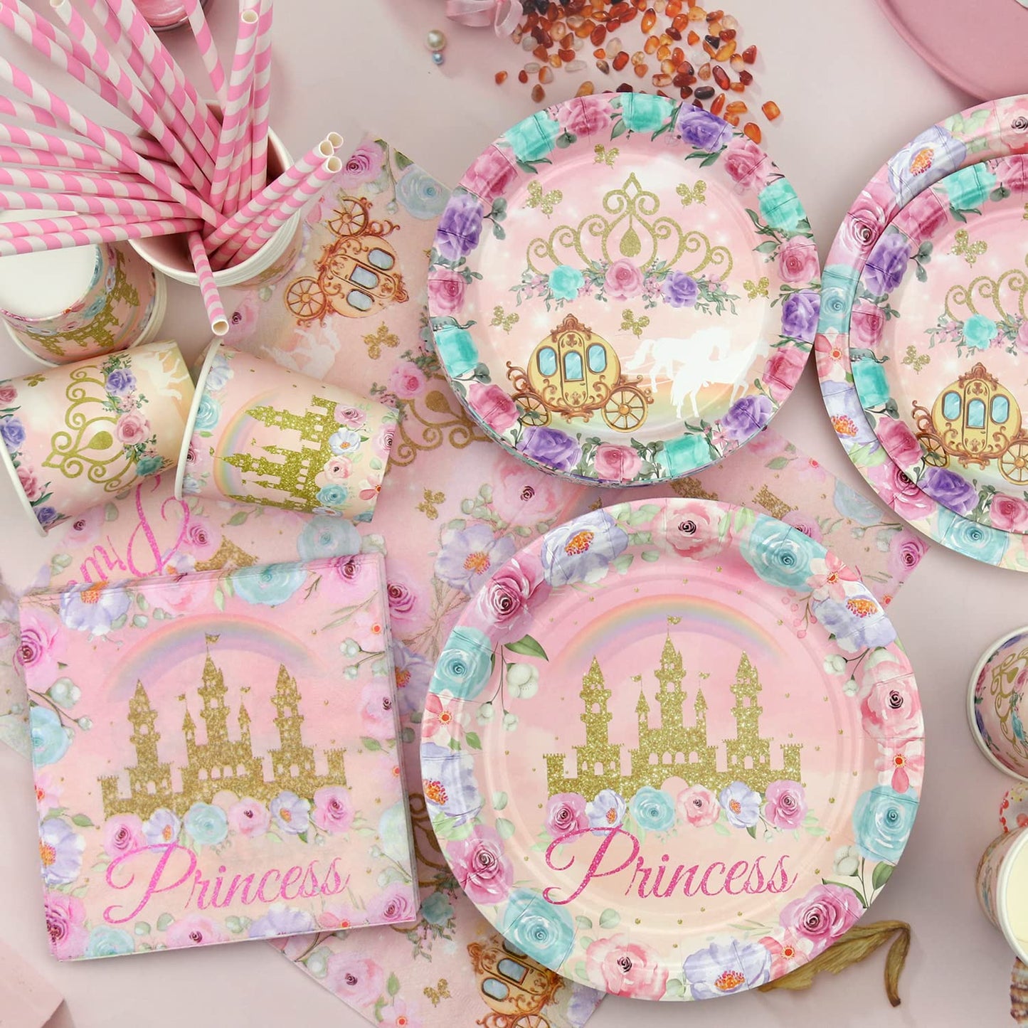 Princess Birthday Party Supplies, Includes Backdrop Banner, Plate, Napkins, Cake Toppers, Crown, Wands, Tablecloth, Balloons, for Girls Princess Baby Shower Decorations Serve 20 Guests