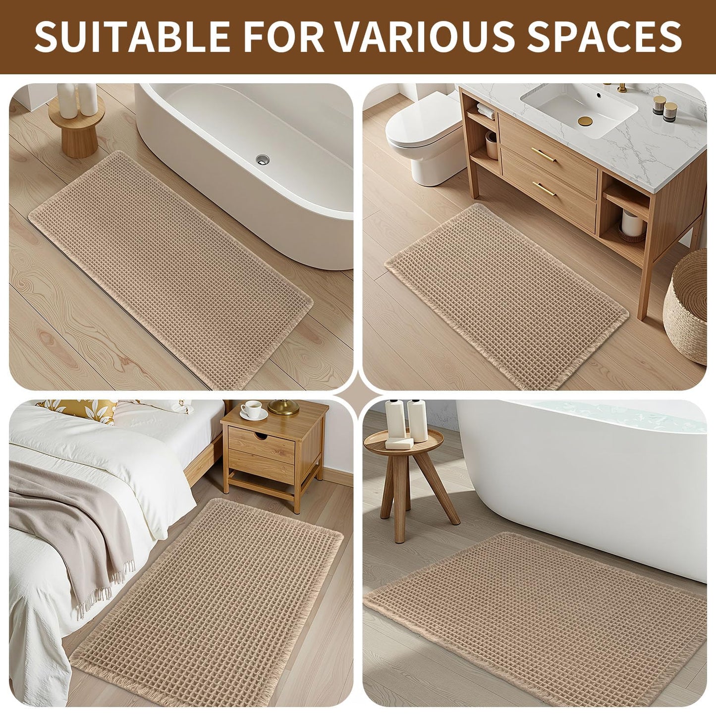 OLANLY Waffle Bath Mat, 24x36 Extra Soft Boho Bathroom Mat, Non Slip Super Absorbent Bathroom Rug, Quick Dry Machine Washable Bath Mats for Bathroom Floor, Tub and Shower, Brown