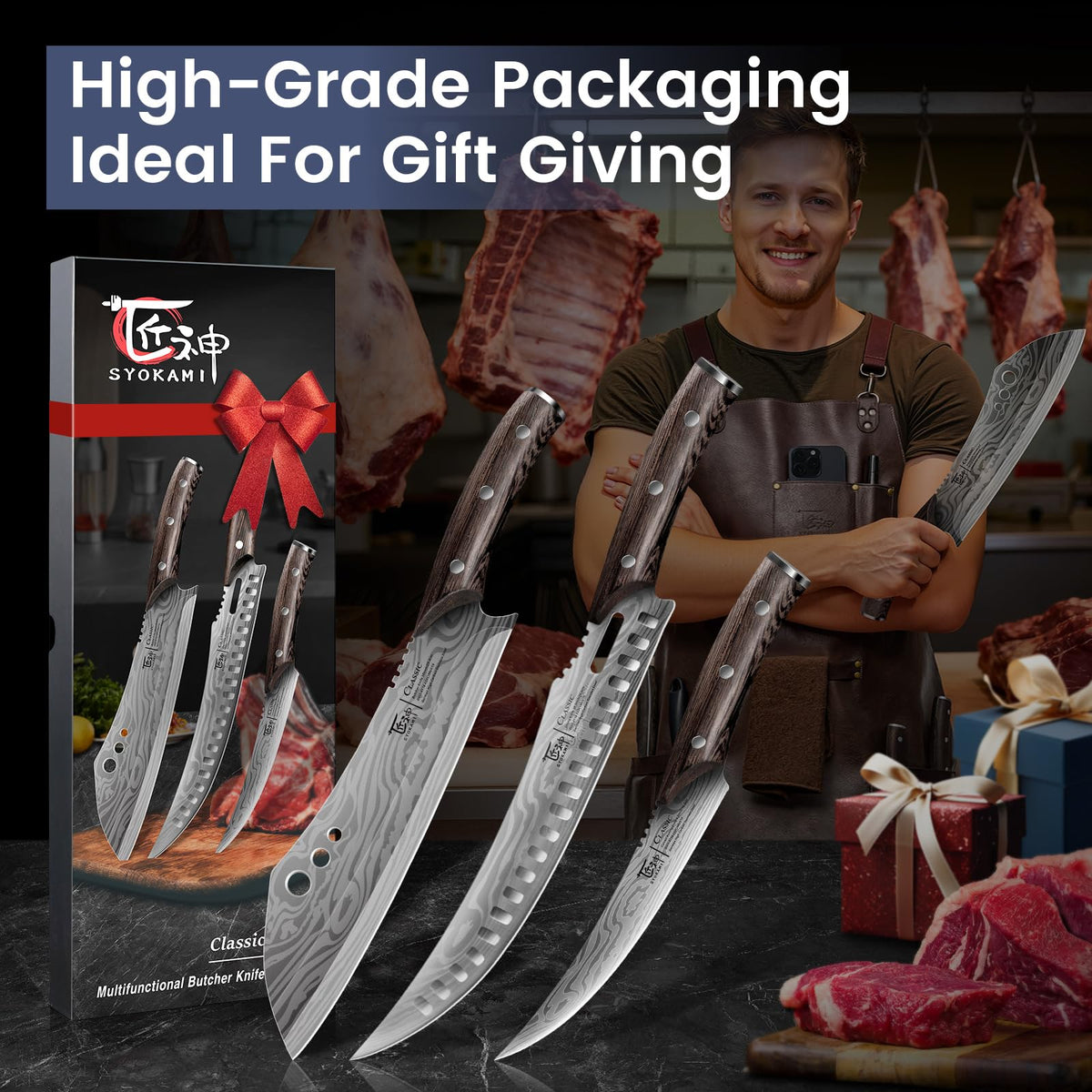 SYOKAMI Butcher Knife Set, 3 PCS Kitchen Knife for Meat Cutting, Cleaver, Breaking & Boning Knife, Japanese Style High Carbon Steel Kitchen Knife for Chopping, Slicing, Deboning, House Warming Gifts