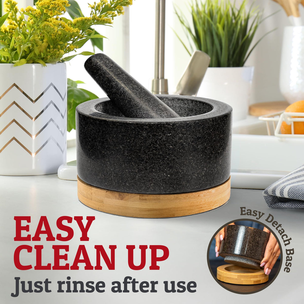 Heavy Duty Mortar and Pestle Set with Bamboo Base, Large 4 Cups, 100% Natural Granite Mortar and Pestle Large Stone Grinder Bowl, Molcajete Bowl, Masher Guacamole Bowls, Polished Black