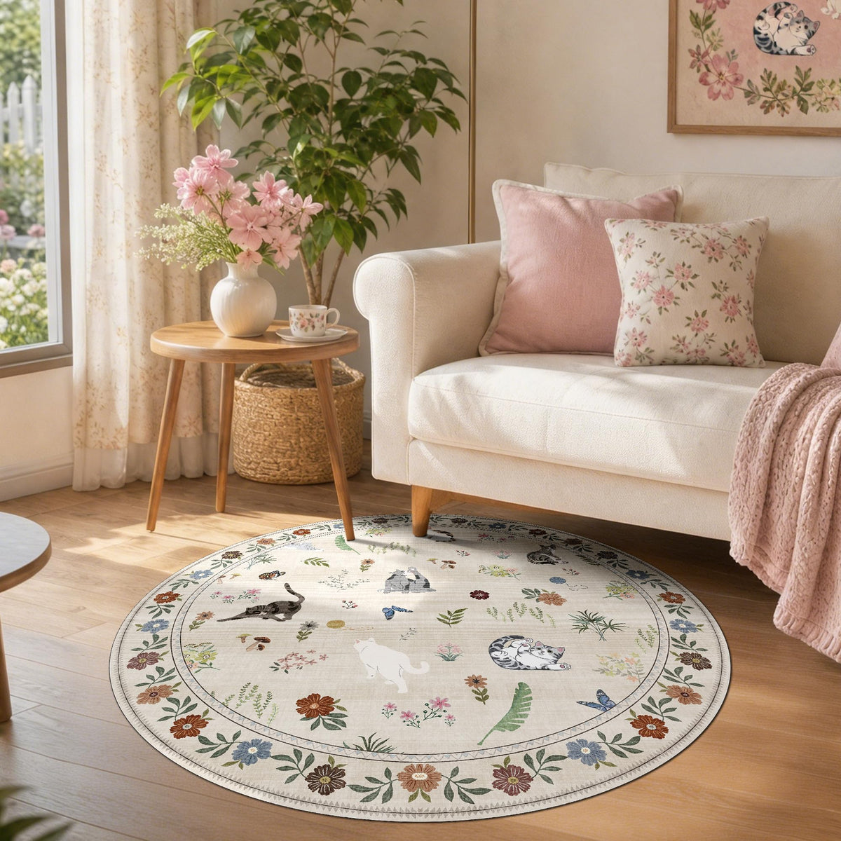 AIMPEAK 4ft Round Washable Area Rug - Non Slip Low Pile Cat Floral Boho Circular Carpet for Dining Table Under, Entryway, Living Room, Bedroom, Nursery, Kids Room, Beige Multi