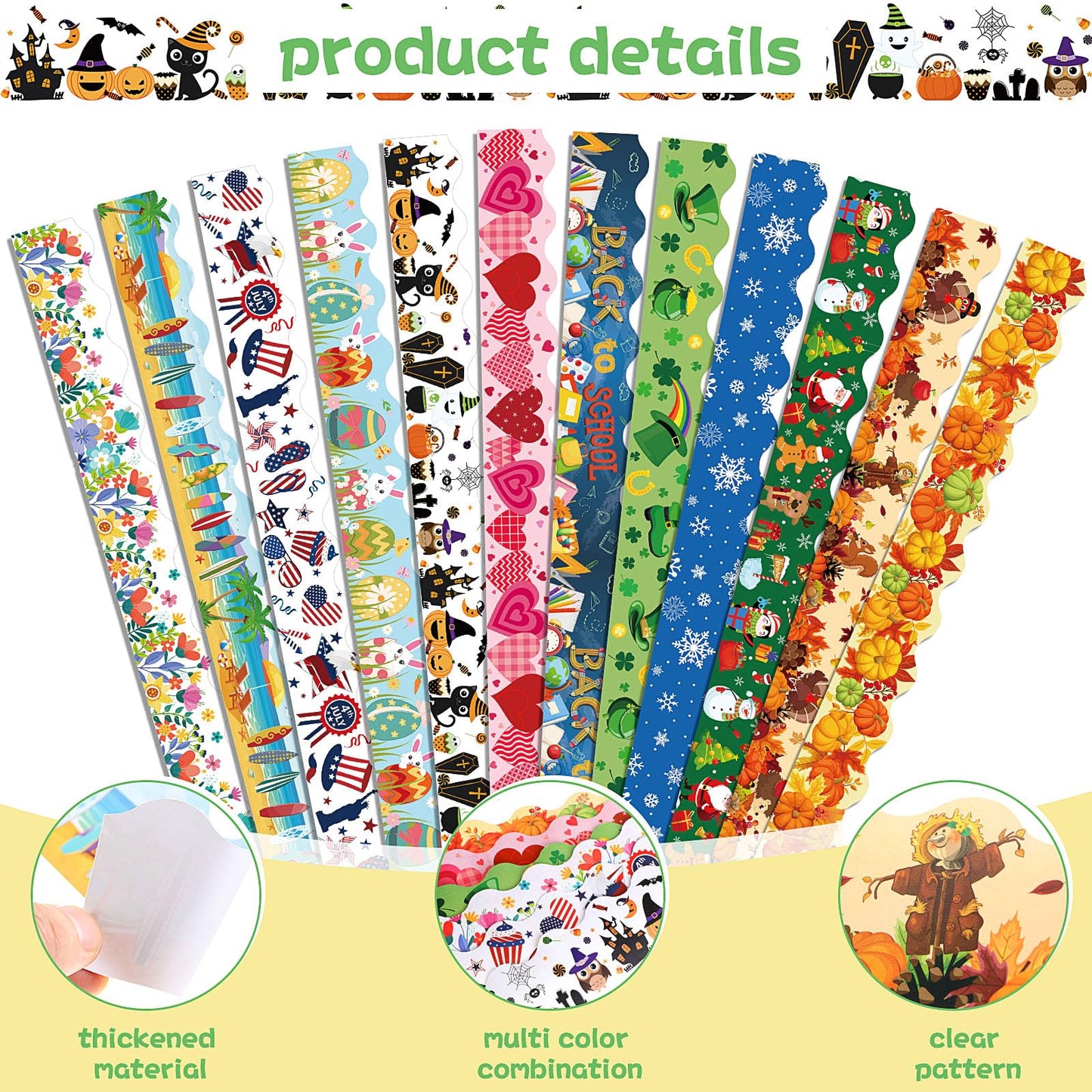 Geyee 12 Rolls 394 ft Holiday Bulletin Board Borders Seasonal Bulletin Board Decorations Summer Beach Trim for School Classroom Wall Decor