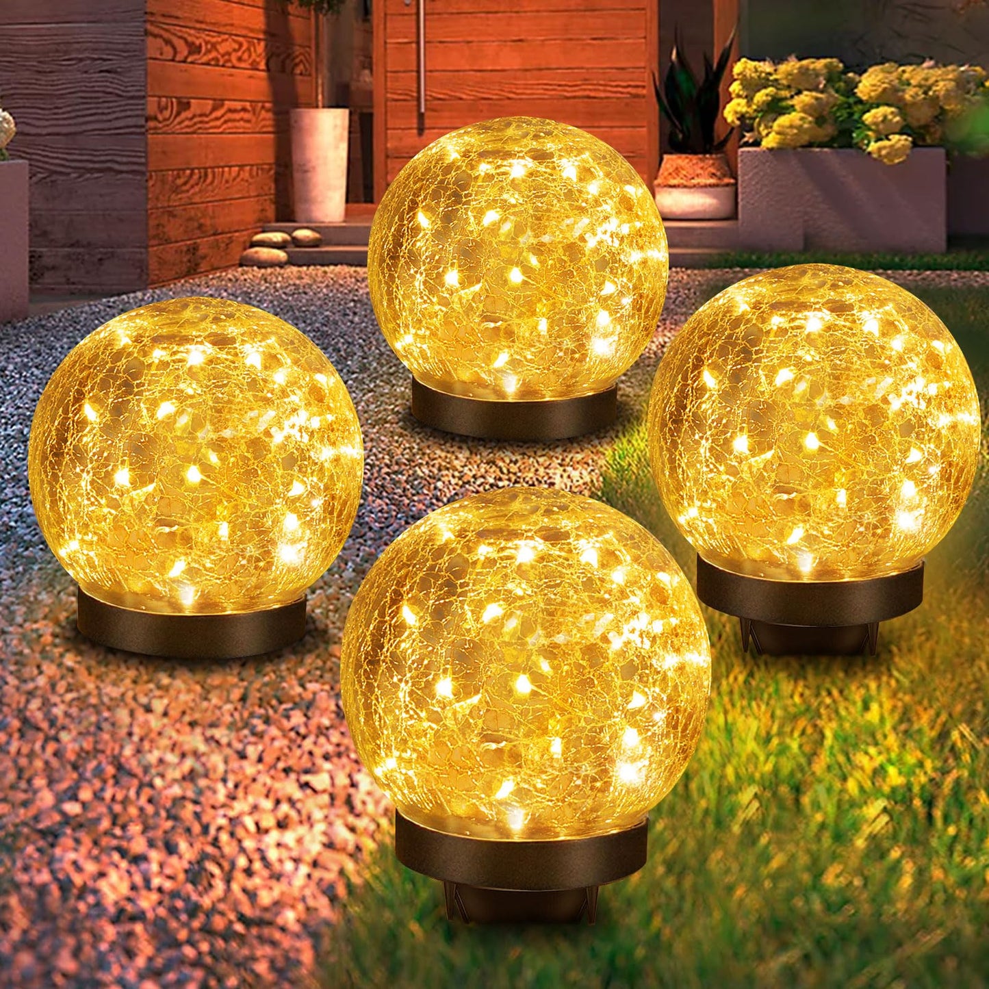YWYWLED Solar Garden Lights - Two Lighting Modes 4.7’’ Cracked Glass Solar Lights, 30 LEDs Solar Lights for Outside Garden Patio, Porch, Lawn, Yard Decorative (Warm White, 4 Globes)