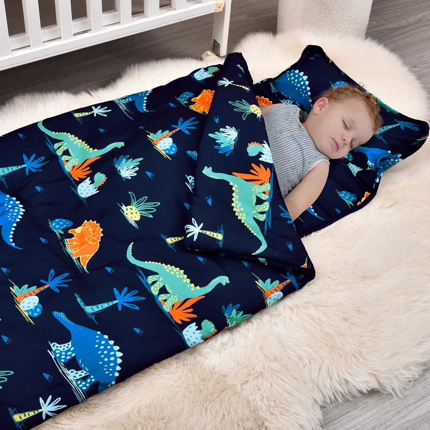 david's kids Toddler Nap Mat Set with Removable Pillow, Ultra Soft Slumber Bags for Boys，Perfect for Preschool, Daycare, Kids Sleeping Bags with Rollup Design, 50"x20", Dinosaur