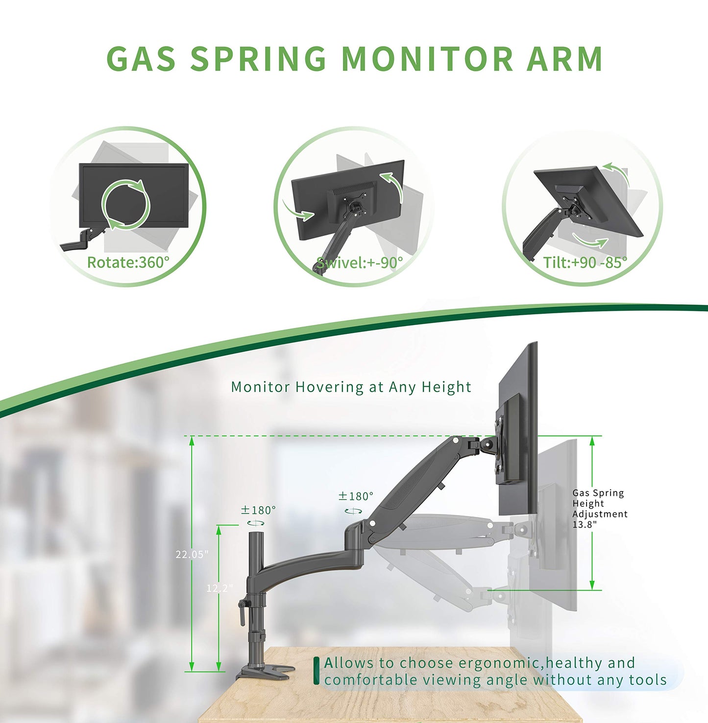 SHOPPINGALL Fully Adjustable Single Gas Spring LCD Monitor Arm Desk Mount Stand with Swing Arm for 15"-32" Monitor, Both Desk Clamp and Grommet Mounting Options in The Box - SA-GM112D-Black