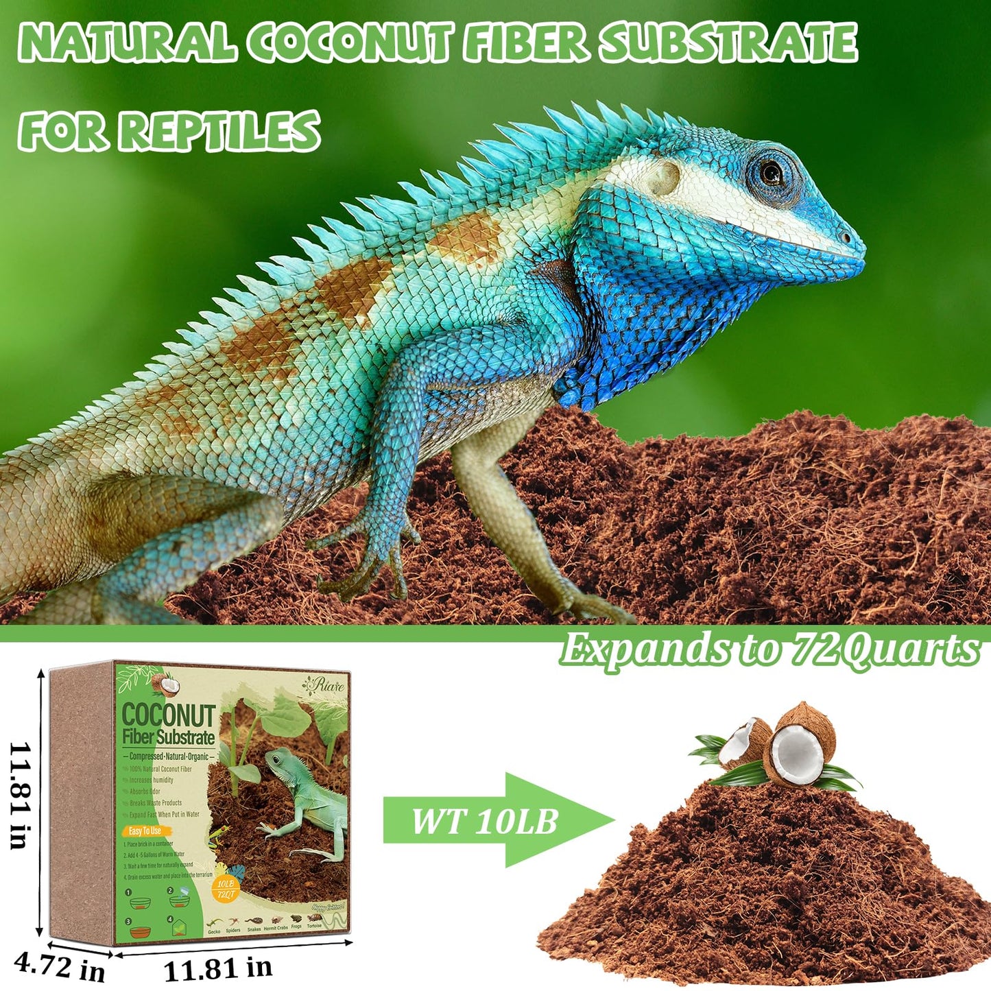 Riare 10 LBS Natural Coconut Fiber Substrate for Reptile- Premium Compressed Coconut Husk Terrarium Bedding for Reptile, Tortoise, Frogs, Snakes, Hermit Crabs, Burrowing Animals