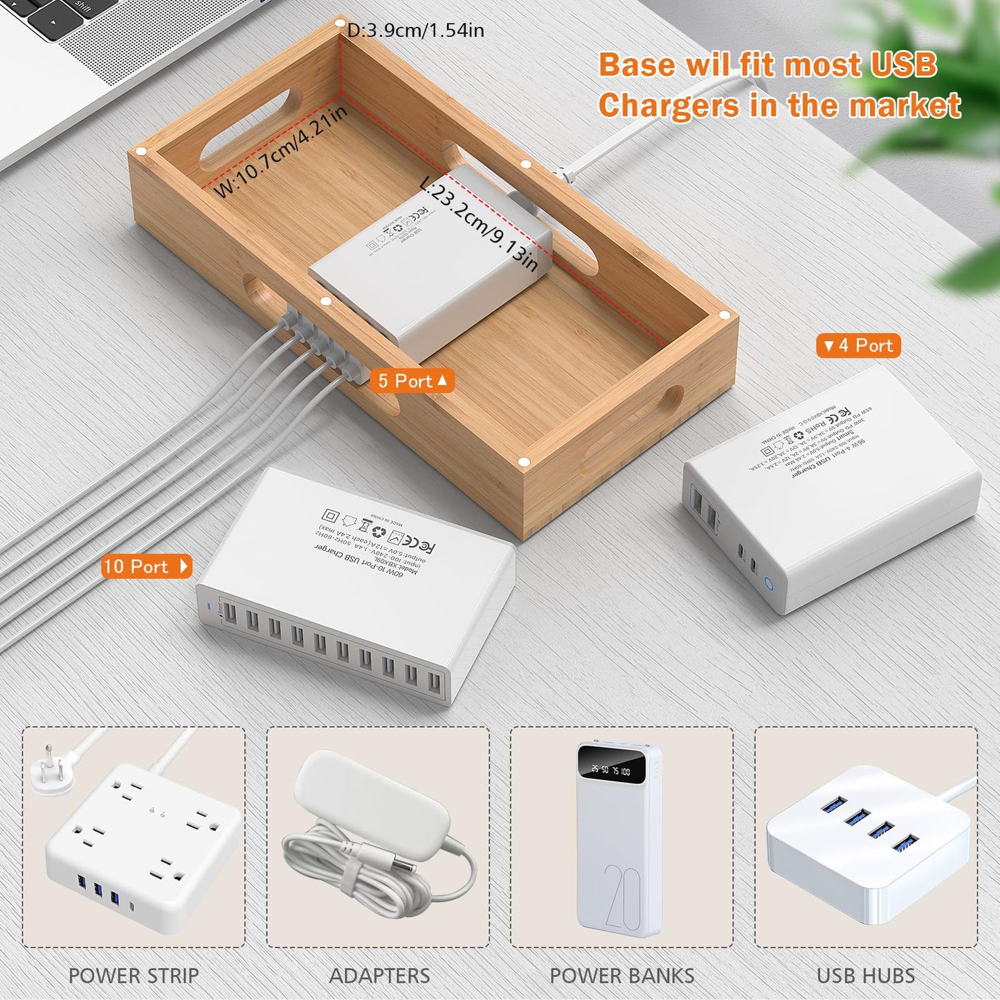 Pezin & Hulin Bamboo Charging Station Holder with 5 Port USB Charger, Watch Stand, Wood Dock Stand Organizer for Multiple Devices, Phones, Tablets, Laptop