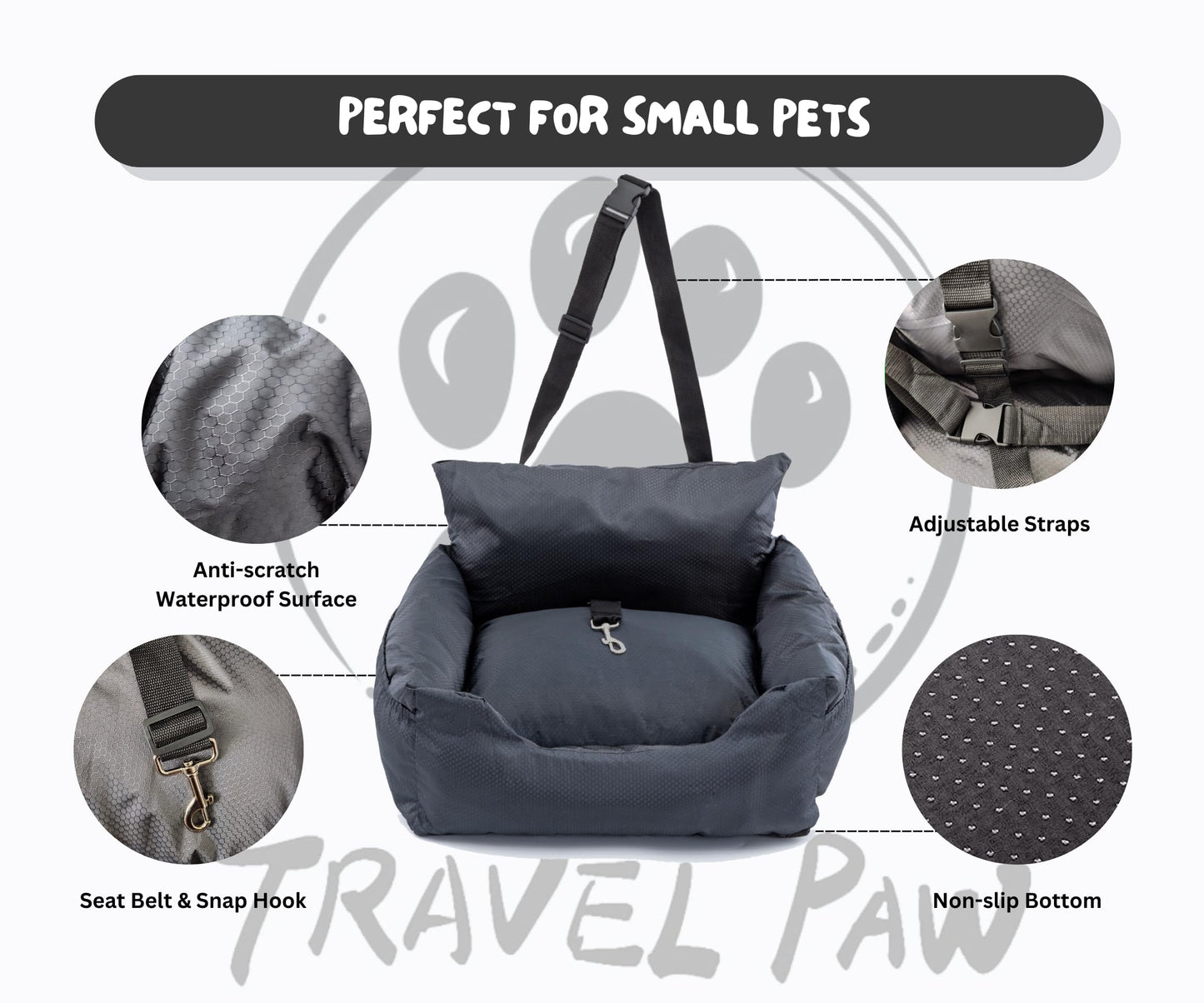 Travel Paw Car Seat for Small Dogs, Cat seat, Cat Booster, Pet Booster, Pet Seat, pet Pillow, Bed, Water Resistant, Fully Detachable with Side Pockets and Safety Clip-on Leash