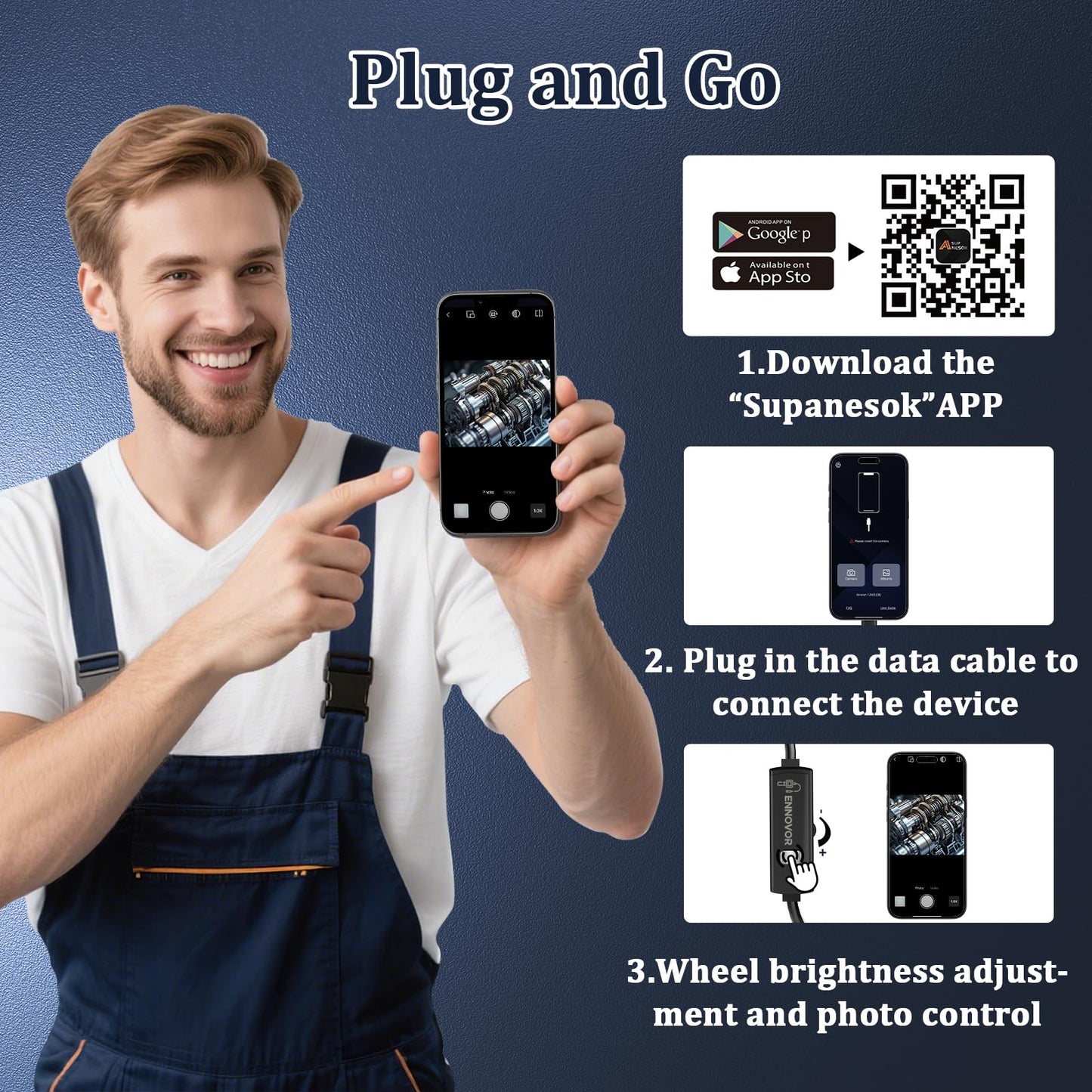 Endoscope Camera with Light, Ennovor 1920P HD Borescope with 8 Adjustable LED Lights, IP67 Waterproof Endoscope Inspection with Flexible Rigid Snake Camera, No WiFi Required for Android iOS