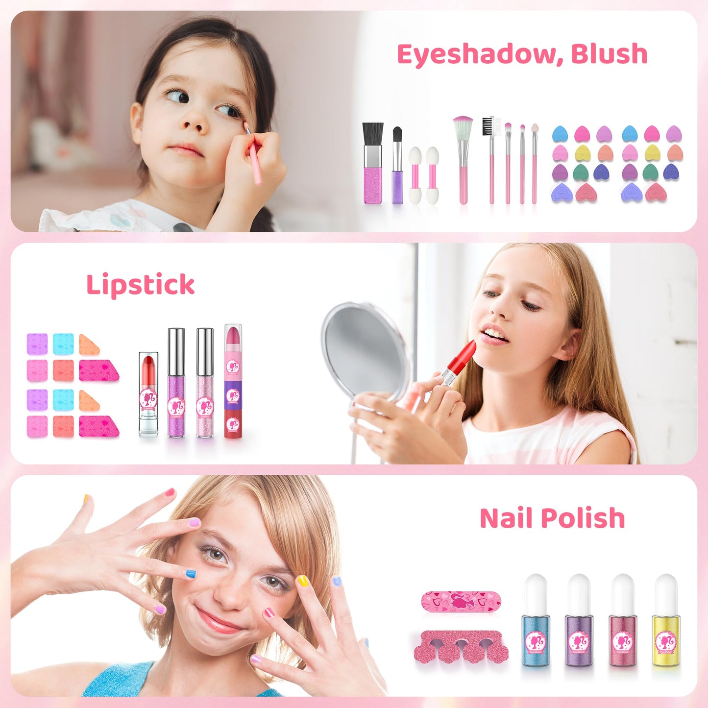 PERRYHOME Kids Makeup Kits for Girls,57 Pcs Kids Makeup Sets for Girls 3-12,Non-Toxic Washable Real Cosmetic Set,Birthday Gift Princess Toys (Fairy Floss Pink)