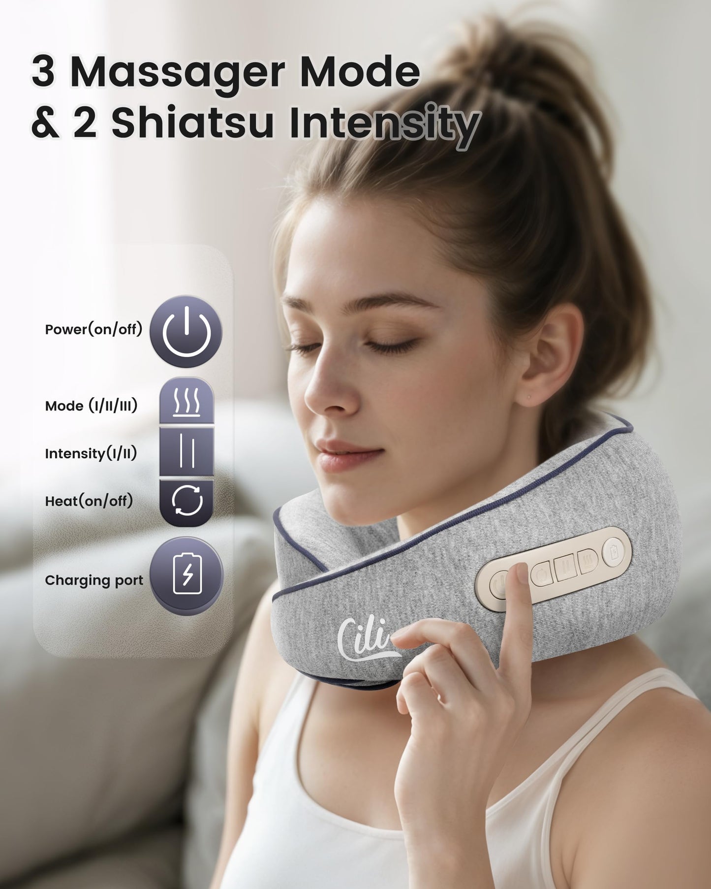 CILI Cordless Neck Massager Pillow with Heat,Shiatsu Neck Massager with 3 Adjustable Intensity,Heated Massage Pillow for Travel,Lightweight & Hand-free for Home, Office,Gifts for Mom,Dad