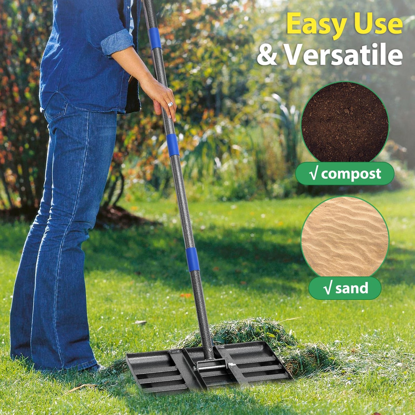 Rake, Lawn Leveling Rake with Round Edge, 5 FT Lawn Leveler with 17 x 10 Small Rakes Head for Smooth Garss Soil Dirt Sand, High Effect Long Handle Ground Leveling Tool for Yard Garden, No Flip