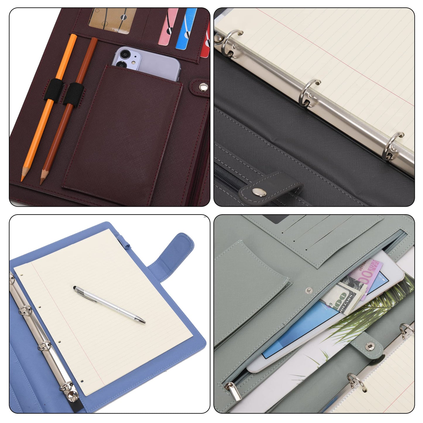 Wonderpool A4 Leather 4 Ring Holder Writing Portfolio Multi Document Case with Removable Binder Clipboard and Functional Pocket for Organizer Office Travel School (Blue)