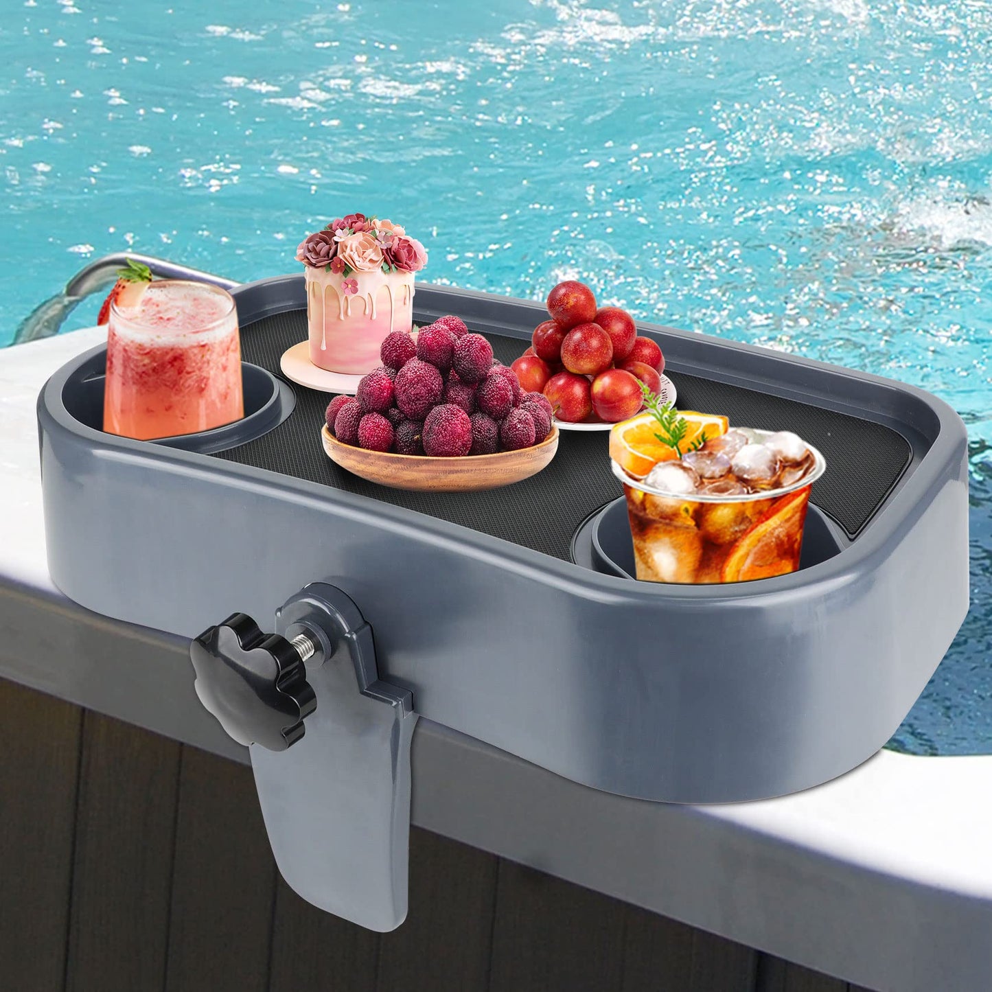 Hot Tub Tray, Adjustable Spa Table Tray with 2 Cup Holders, Spa with Wall Thickness of 2'' to 6.5'', Nonslip Heavy-Duty Shelf for Aboveground Bathtub, Spa Accessory