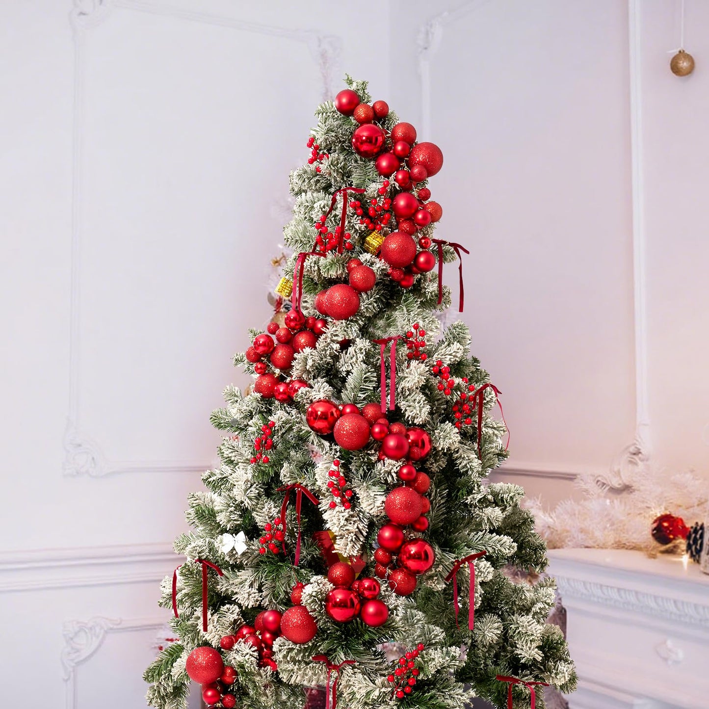 4 Pack 1.8 Feet Christmas Ball Garland Ornaments with 12 Velvet Bows and 12 Berry Picks 120 Balls Hanging Shatterproof Xmas Decor Segmented Garland for Christmas Tree Supplies (Total 7.2 feet)