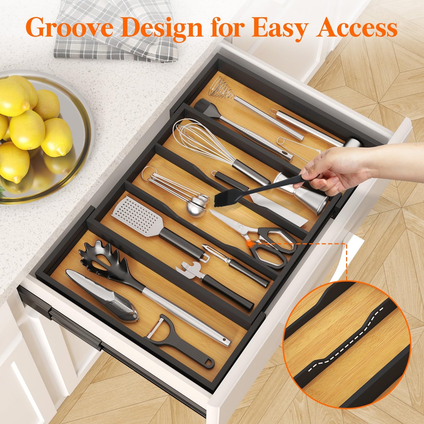 Lifewit Utensil Organizer for Kitchen Drawer, Bamboo Cooking Utensil Tray, Expandable Cutlery Silverware Flatware Holder, Adjustable Spatula Tools Gadgets Storage Divider, Large, Natural and Black