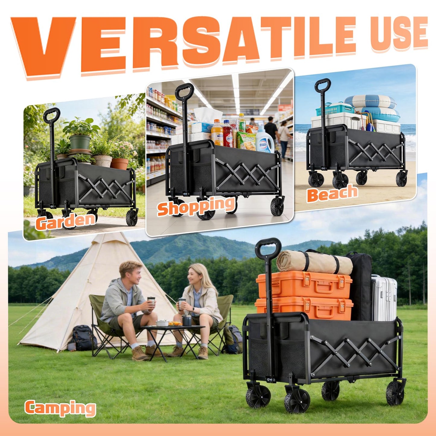 Collapsible Foldable Wagon Cart with Wheels - 220LBS Heavy Duty Utility Cart, Portable Lightweight Folding Wagon with All-Terrain Wheels & 2 Cup Holders for Beach Camping Shopping Grocery Garden