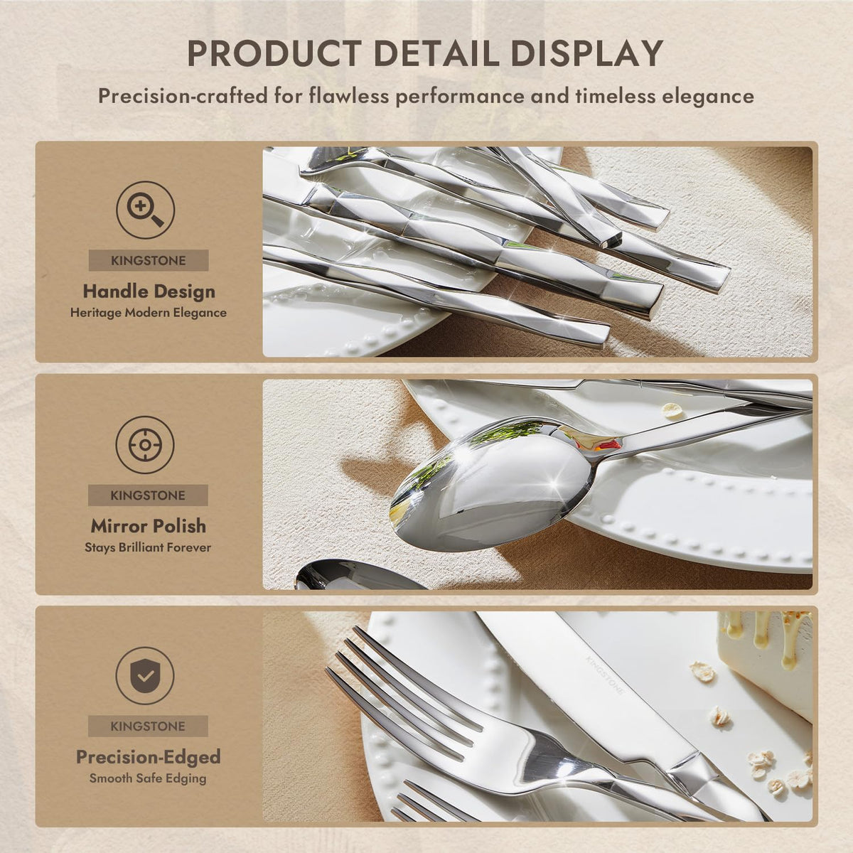 KINGSTONE Silverware Set, Luxury 30 Piece Flatware Set for 6, 18/10 Stainless Steel Cutlery Set with Diamond Cut Pattern for Home, Wedding, Party, Mirror Polished and Dishwasher Safe