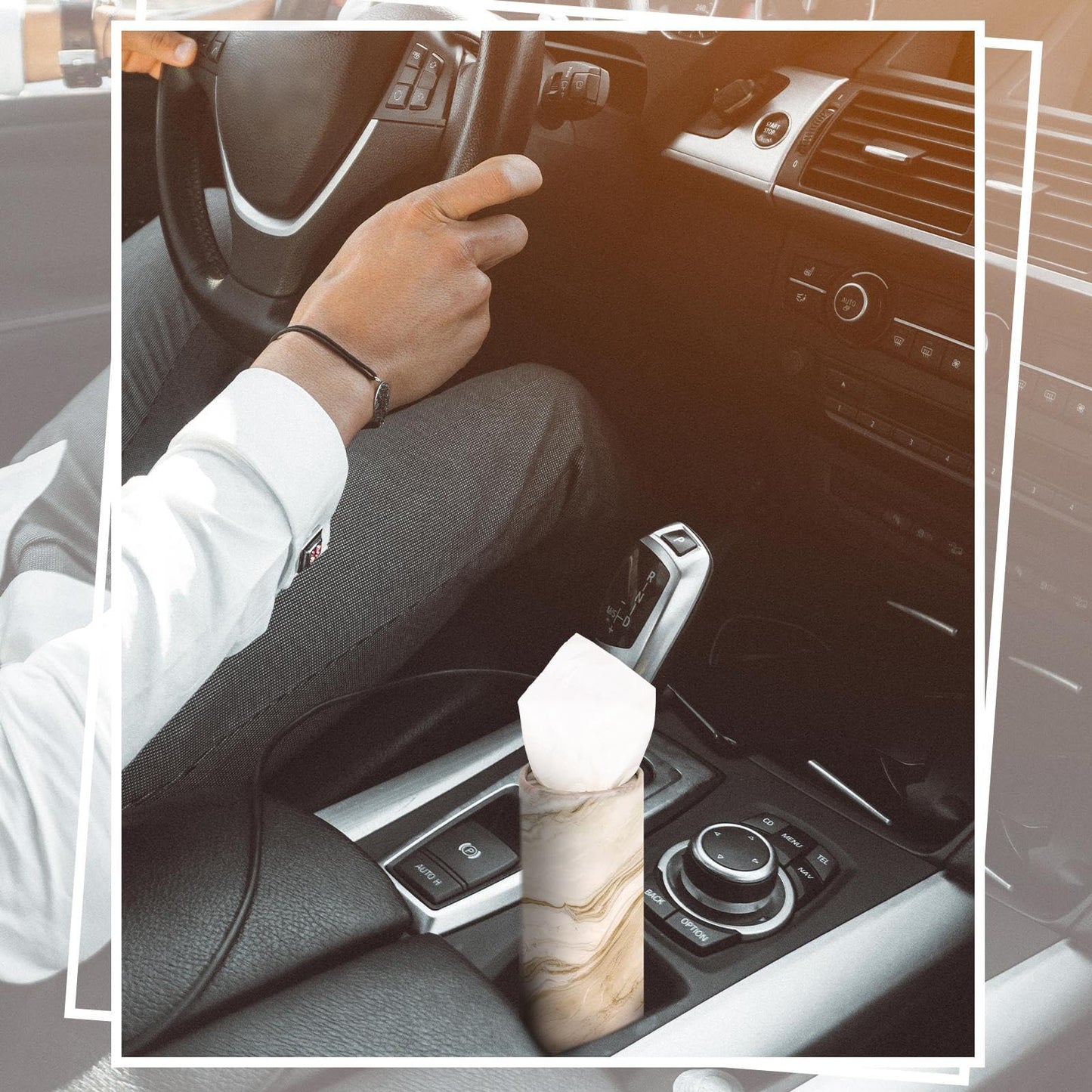 Geyoga 4 Pack Car Tissue Holder Marble Print Car Tissues Cylinder Round Paper Boxes with 50 Facial Paper Towel Per Box for Brown Refill Round Container for Home Office Travel Gift(Brown)