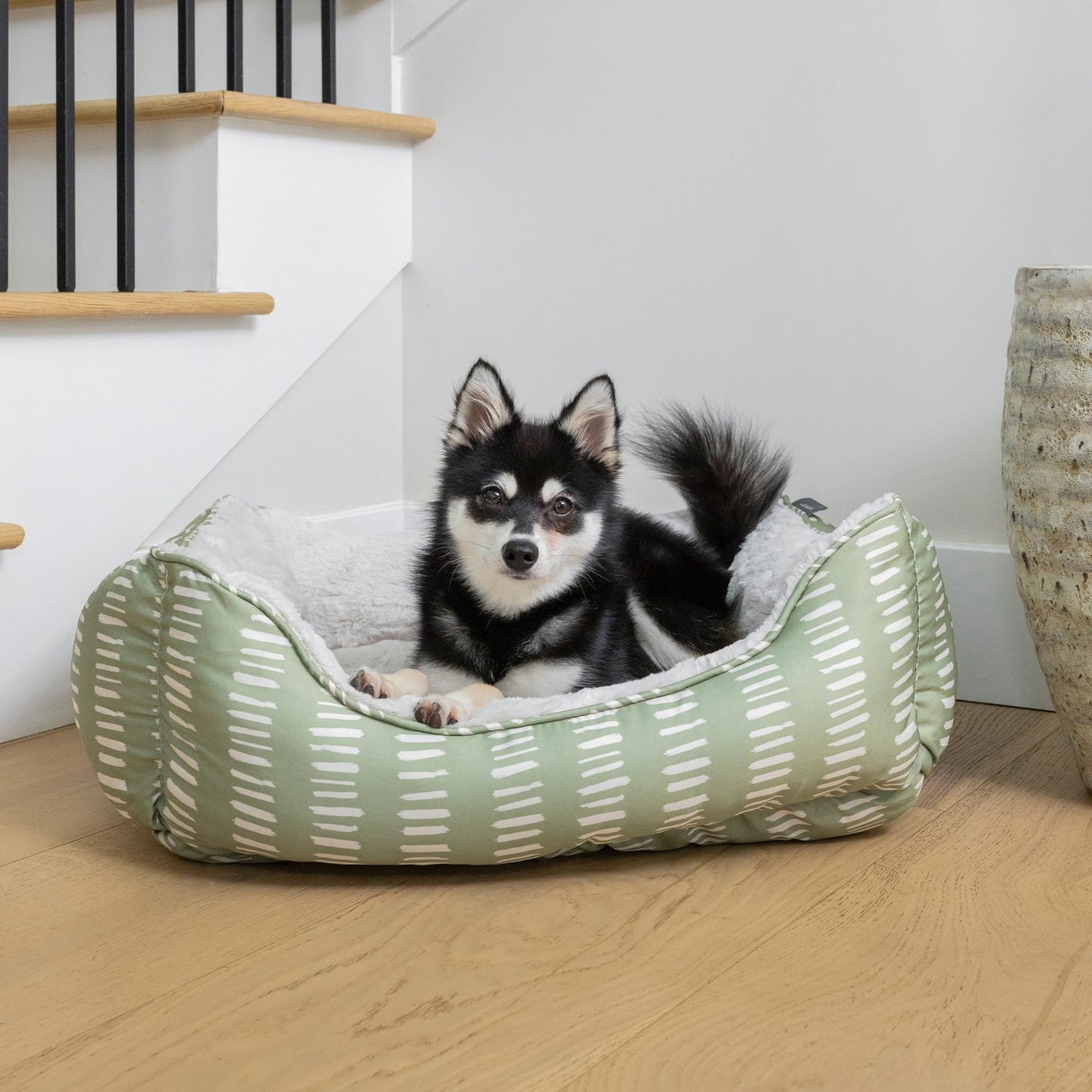 Fringe Studio Painted Dash Cool Olive Medium Rectangular Cuddler Pet Bed 25" X 21"- Poly Filled with Faux Fur Interior - Machine Washable (213069)