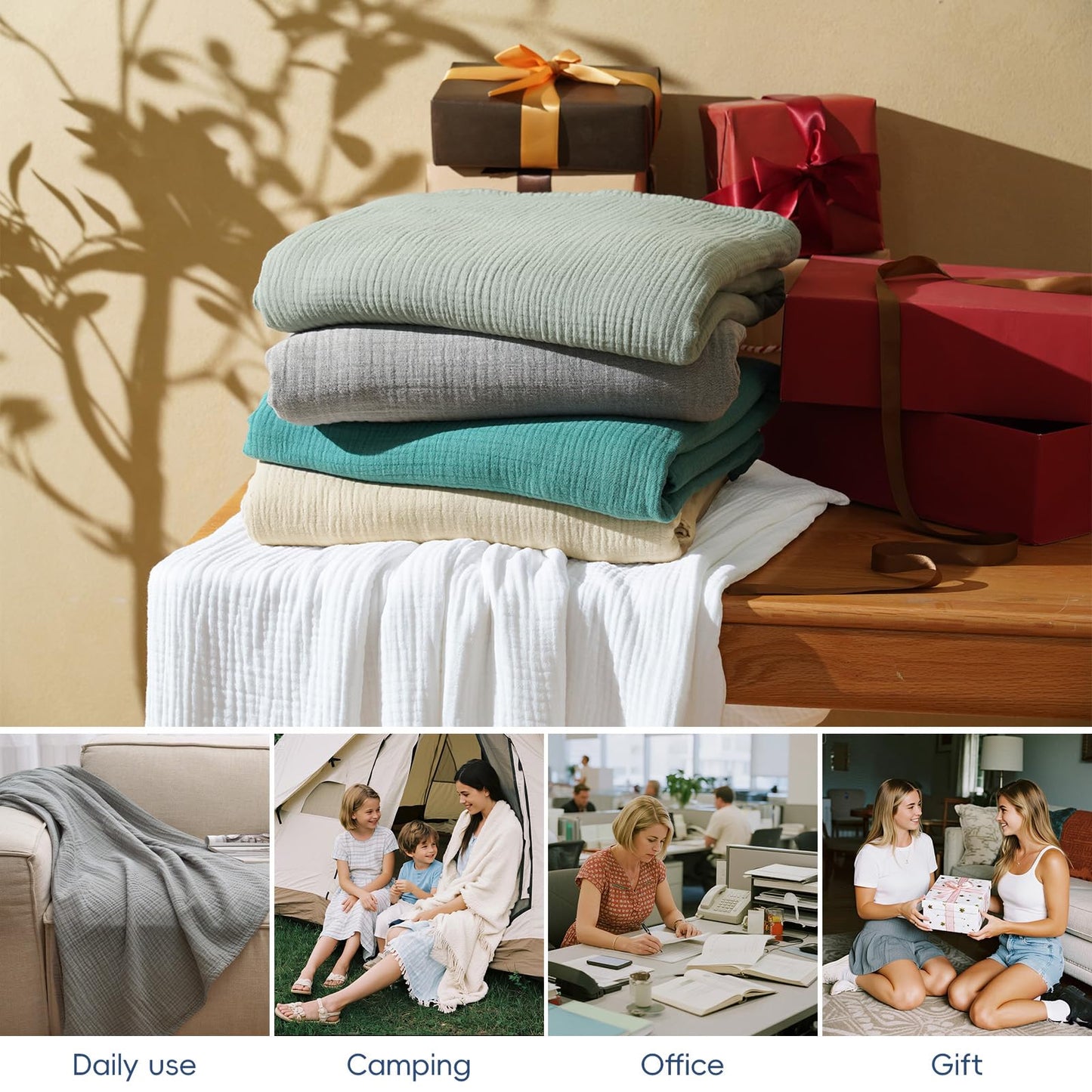David's Home 100% Cotton Muslin Queen Size Blanket, 4-Layer Breathable and Lightweight Gauze Blanket for Bed Couch, Soft Muslin Blanket for Adults Hot Sleepers, Room Decor, White, 90 * 90"