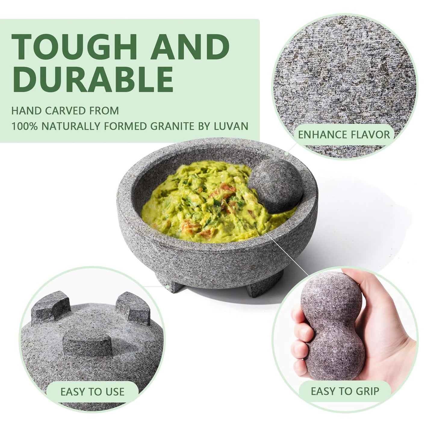 Luvan Large Mortar and Pestle Set 8 Inch Unpolished Granite Non-Slip Base Stone Grinder Molcajete Mexicano Bowl for Guacamole Salsa Spices Pesto, Durable and Easy to Clean